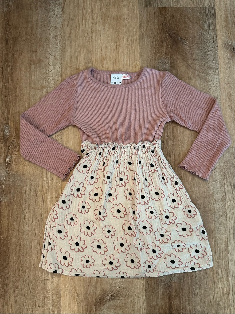 Zara Kids Rose Pink Ribbed Top with Cream Floral Waist-Detail Dress